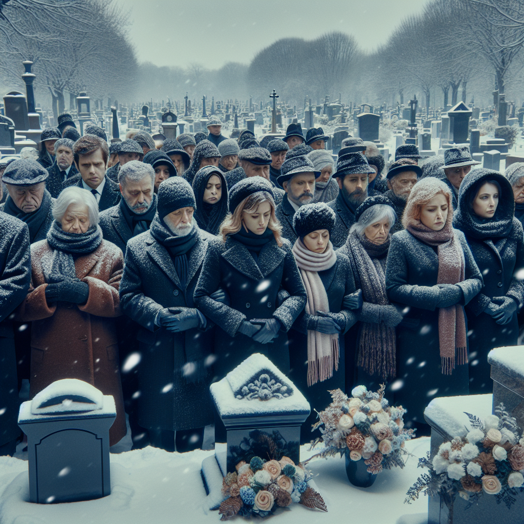 Winter Coat Guide: What to Wear for a Solemn Funeral Image of a winter funeral, located in a snowy graveyard. A group of people, respectful and solemn, are huddled together for warmth and mutual support. The group is diverse, featuring people of different descents like Caucasian, Black, Hispanic, Middle eastern, South Asian, and East Asian. They are dressed in their best winter funeral attire, with details such as deep-black woolen coats, scarfs, hats, and gloves visible. Snowflakes are gently falling from a grey sky and gathering on tombstones, treelined horizon and on the attendees' clothes. An atmosphere of tranquility and respect pervades the scene.