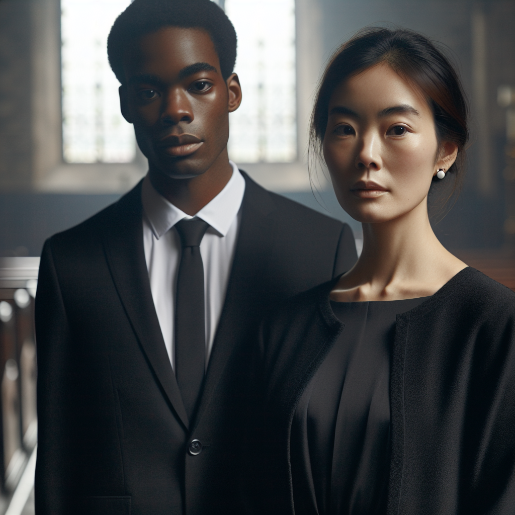 What to Wear to a Wake: Elegant & Respectful Choices Gentleman and lady dressed in respectful attire suitable for a wake. The gentleman, a young Black man, wears a streamlined black suit, a crisp white shirt and a muted color tie. The lady, an Asian middle-aged woman, is draped in a simple black dress, her hair neatly tied in a loose bun, complemented with plain stud earrings. A soft mournful light clouds the scene, highlighting the somber elegance of their outfits. A quiet, empty church room serves as the backdrop, adorned with diffused natural light seeping through the stained glass windows.