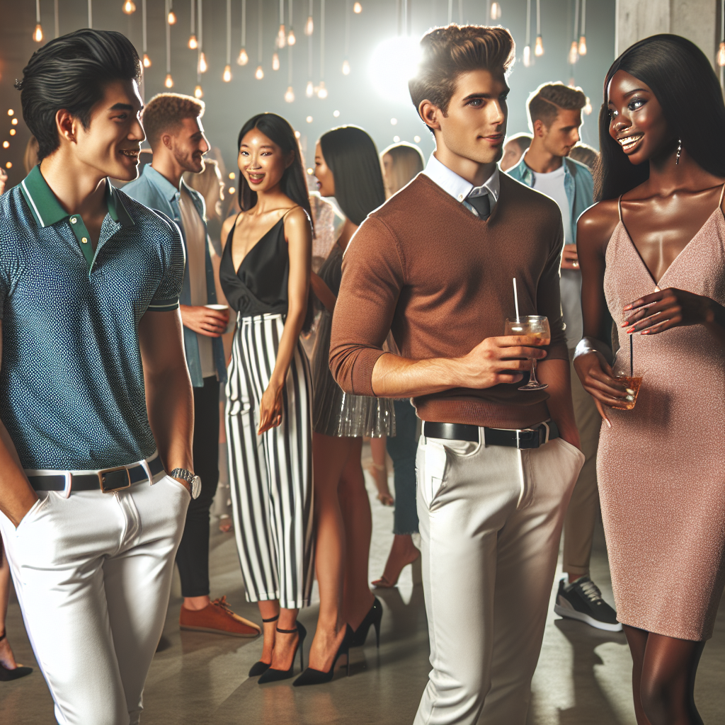 A social gathering with college students dressed in fashionable attire. A South Asian male confidently wears a trendy but casual outfit, while an outgoing Black female student gleams in an elegant cocktail dress. Meanwhile, a Hispanic male in a chic polo and jeans chats animatedly with a Caucasian woman in a stylish jumpsuit. In the background, couples and singles alike mingle, showing off their dynamic and diverse choice of outfits. The atmosphere is lively, with everyone striving to make an impression with their unique and attractive clothing.