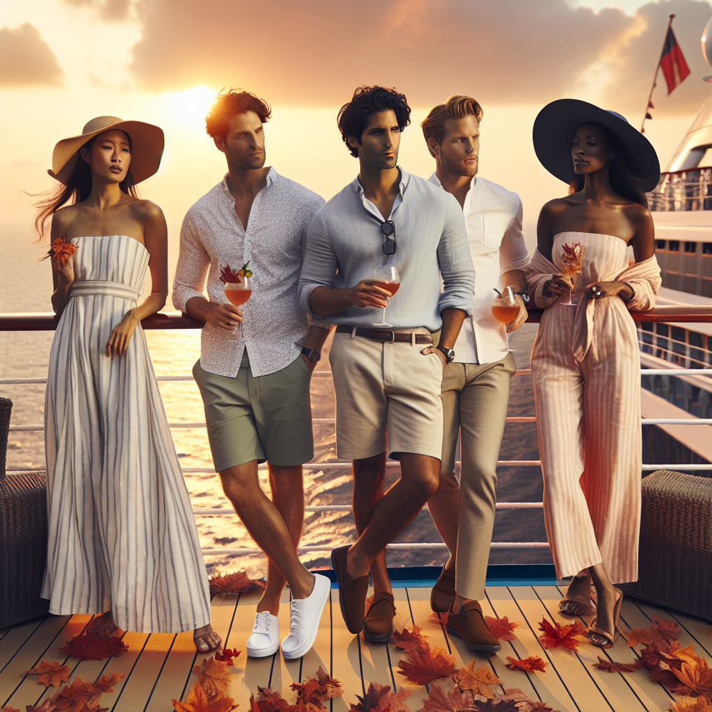 Essential Cruise Attire: Effortless, Chic November Picks For a feature article titled 'Essortless, Chic November Picks: Essential Cruise Attire', please generate an image depicting an outdoor scene set in autumn. The focus should be on a diverse group representing different genders and descents. Include a South Asian woman wearing a flowy sundress and a sunhat, a Middle-Eastern man in a stylishly casual linen shirt and shorts combo, a Hispanic man in smart casual attire with a pastel polo and chinos, and a Caucasian woman in an elegant jumpsuit and wide-brimmed hat. They should all be on a cruise ship's deck surrounded by rustling autumn leaves, with cooling drinks in their hands, showing off their chic, effortless cruise wear. The ocean backdrop should glimmer with warm sunset hues.