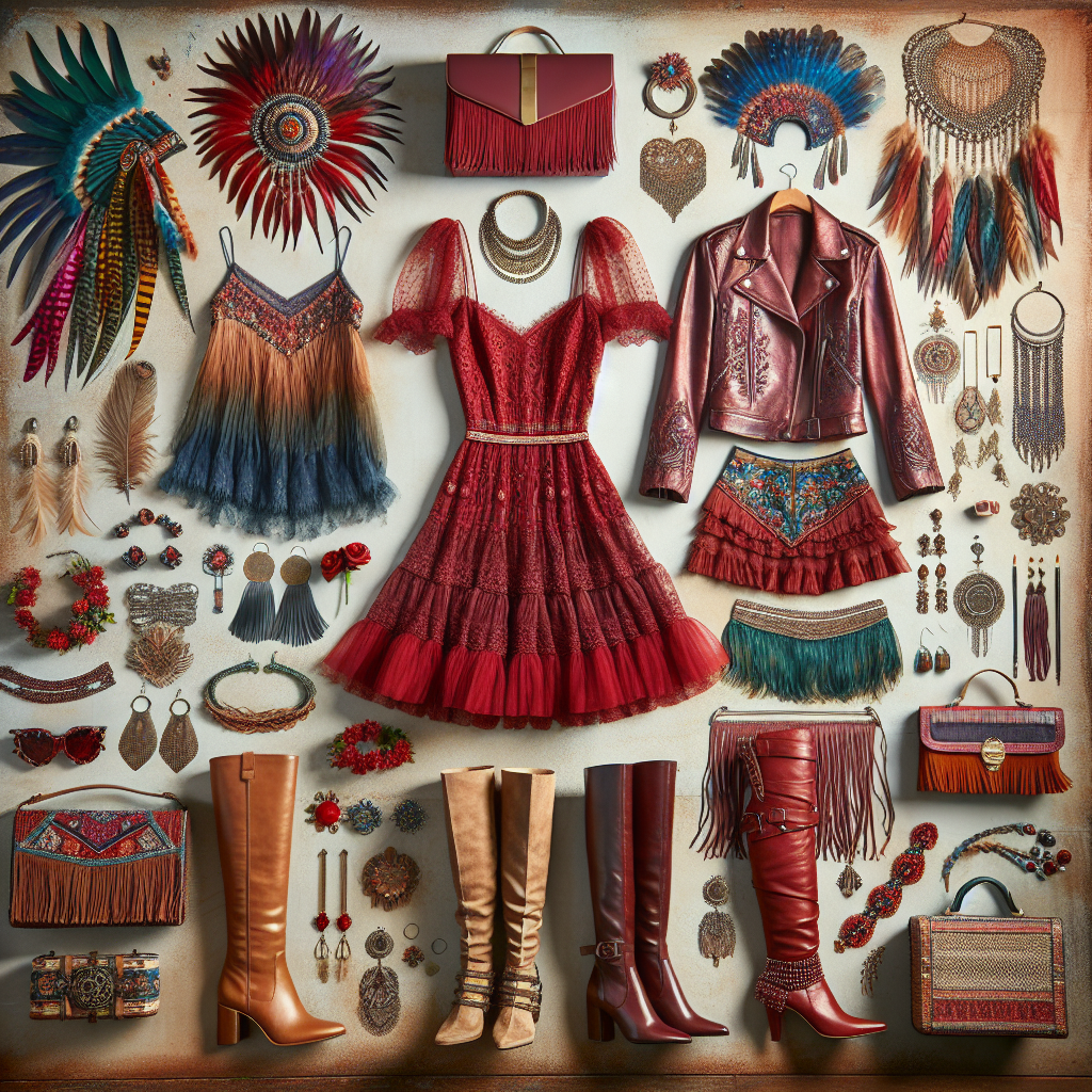 Stunning Festival Outfits to Match Any Red Dress Create a vibrant and detailed image displaying a collection of stunning festival accessories and outfits that perfectly coordinate with a sophisticated, crimson-hued dress. The scene should incorporate a variety of beautiful and trendy items such as feathered headbands, beaded jewelry, over-the-knee leather boots, fringe jackets, and colorful handbags. The center of attraction should be the red dress with intricate details and a chic tailored fit. Please ensure the accessories and outfits are suitable for an eclectic festival atmosphere, and imbue a sense of excitement and celebration in the image.
