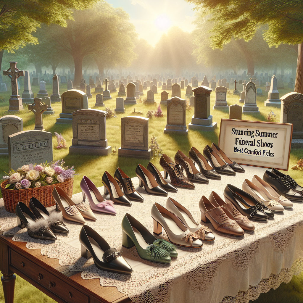 Stunning Summer Funeral Shoes: Best Comfort Picks Imagine a sunny summer scene at a serene cemetery. Sunlight filters through green trees onto well-worn paths between tombs. In the foreground, an array of elegant funeral shoes is neatly arranged on a vintage wooden table draped with a lace tablecloth. Shoes for a variety of gender identities and sizes are present, including heels, closed-toe flats, and dress shoes. Styles range from simple black to soft pastel colors with minimalistic, classic, and modern designs. Feather details, laces, and comfortable cushioned insoles are some key features. To emphasize comfort, some shoes have soft padding visible, others flex to show they're lightweight. A tagline reads: 'Stunning Summer Funeral Shoes: Best Comfort Picks.'