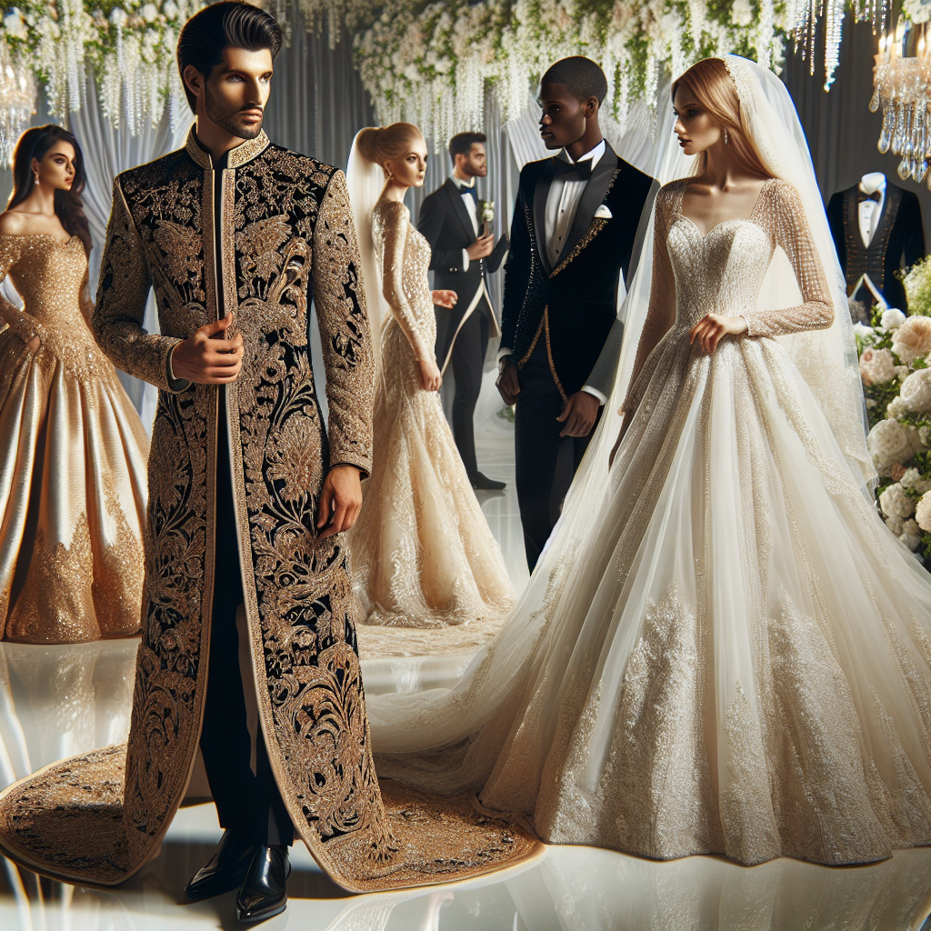 Stunning Wedding Attire: Effortlessly Best-Dressed A breathtaking scene at a wedding, showcasing various styles of elegant and fashionable wedding attire. In the foreground, a South Asian man is seen in a traditional Sherwani, intricately embroidered with gold thread, while a Caucasian woman beside him shines in an A-line wedding dress with lace detailing, a long train, and a veil. Further back, a black man in a sharp, tailored tuxedo converses with a Middle-Eastern woman draped in a beautifully beaded gown. The environment around them exudes elegance, with tastefully arranged flowers and decorations, adding to the charm of their outfits.