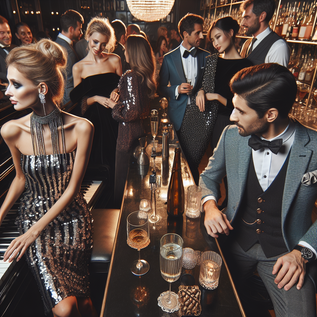 A wide-angle view of a polished piano bar with people engaging in conversation and enjoying music. Multiple fashionable individuals are spread throughout the scene: a Caucasian woman in a dazzling sequin dress paired with a diamond choker, a Hispanic man in a tailored navy blue suit with a vintage pocket watch, an Asian woman in an elegant black velvet jumpsuit, and a Middle-Eastern man in a classic white shirt and grey vest combo. These outfits effortlessly blend sophistication with style, making them perfect for a piano bar setting.