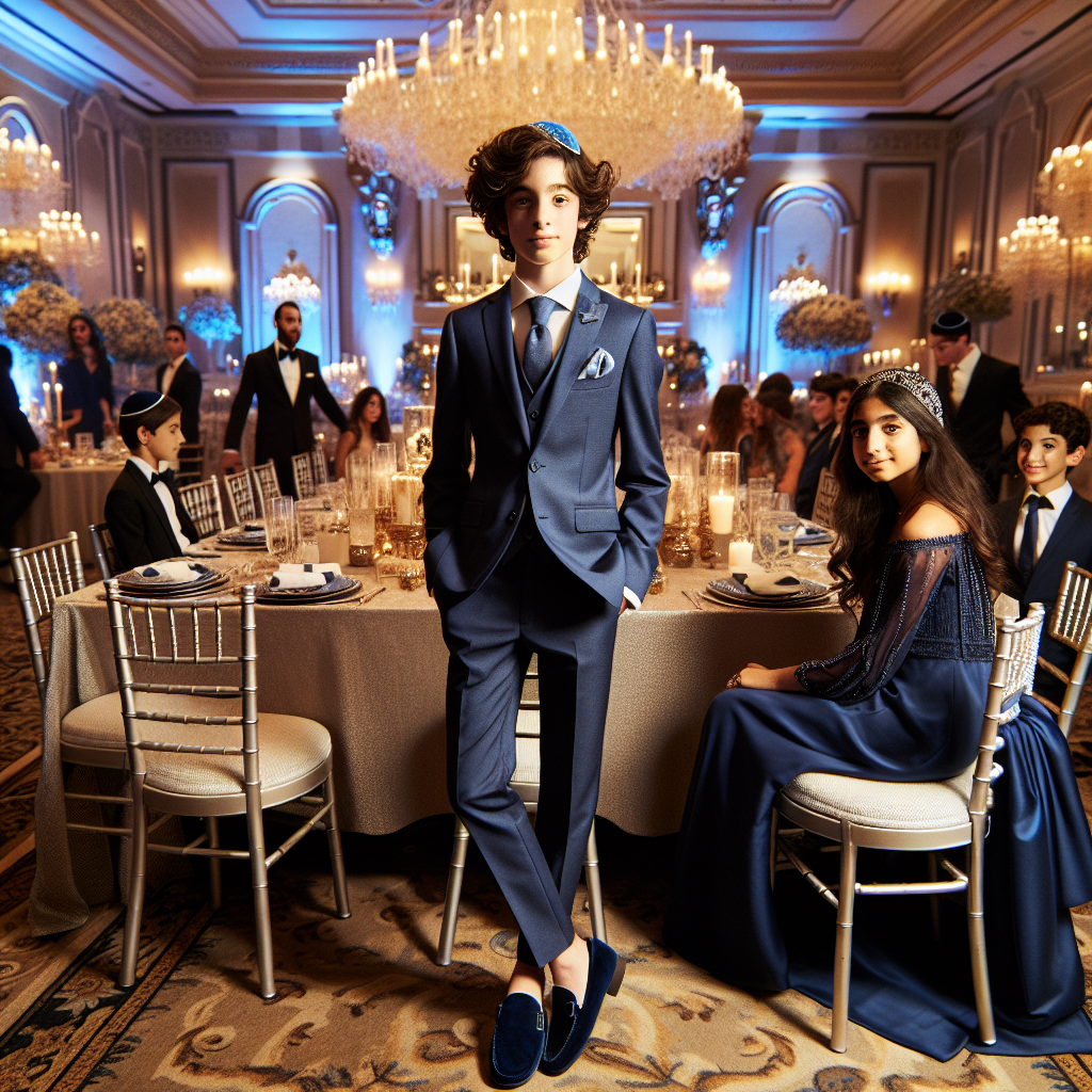 Stunning Bar Mitzvah Outfits: Effortless Elegance Picture a Bar Mitzvah celebration within a richly decorated banquet hall. In the scene, a teen boy of Middle-Eastern descent is wearing a classy and elegant Bar Mitzvah outfit, radiating effortless elegance. He is wearing a stylish navy blue suit with a crisp white shirt underneath, a silver tie, and matching navy suede loafers. A traditional and ornate kippah is placed atop his curly brown hair. Nearby, his mother, South Asian descent, is adorned in an equally elegant outfit, a royal blue formal dress with beaded embellishments. The setting is filled with the joy and reverence associated with the traditional Jewish celebration.