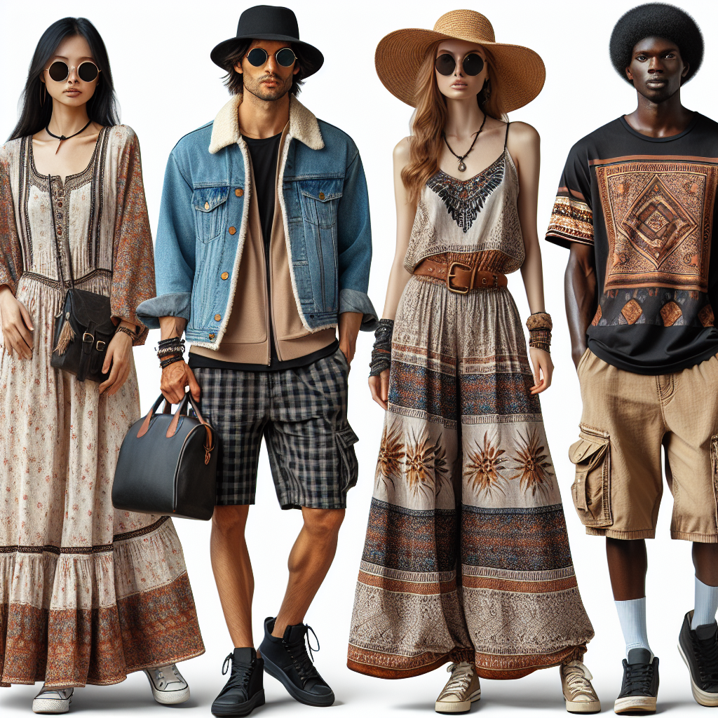 Stunning Outfit Ideas for Concert Goers Over 40 A compilation image featuring attire designs perfect for concert goers over forty. The image should include four unique outfit ideas. The first one is an Asian woman in a bohemian-inspired maxi dress with elegant sunglasses and a woven sun hat. The second outfit shows a Caucasian man in an informal jeans jacket, black T-shirt, and comfortable sneakers. The third outfit is a Middle-Eastern woman beautifully styled in a fashionable jumpsuit with geometric patterns and paired with a leather handbag. Lastly, an African man sporting concert casuals, a cool graphic T-shirt with cargo shorts and a baseball cap.