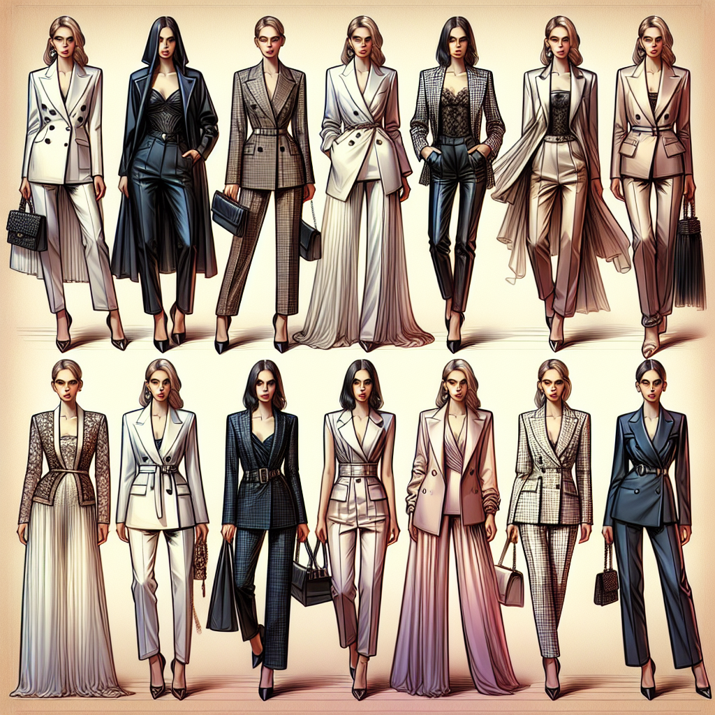 Stunning Jackets for Evening Jumpsuits: Best UK Styles Visualize an array of elegant jackets paired with evening jumpsuits, reflecting some of the most sought-after styles from the UK fashion scene. The jackets, varying from blazers to leather jackets and more, should exude sophistication and glamour. The evening jumpsuits should include various designs - long-sleeved, strapless, belted waistlines, wide-legged, and more. Together, these pieces should form a striking combination that captures the essence of evening wear. Each clothing piece should have intricate details showcasing its high quality. The background should not distract from the clothing items but subtly enhance their aesthetics.