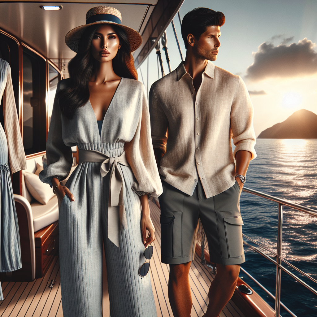 Yacht Cruise Attire: Stunning, Effortless Style Tips A visual representation of well-dressed individuals on a yacht cruise. Include a Middle-Eastern woman dressed in a lightweight elegant jumpsuit, accessorized with a sun hat and stylish sunglasses. Beside her, show an East-Asian man in a relaxed-fit linen shirt combined with Bermuda shorts and a sun hat. In the background, reveal the stunning vista of the endless ocean while the sun sets. The yacht should be generously decked with exquisite accessories demonstrating the epitome of luxurious cruising.