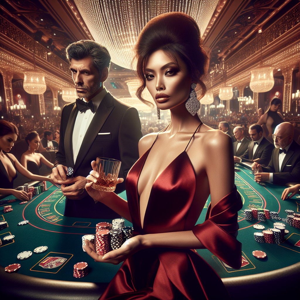 Casino Glamour: Discover Your Perfect, Show-Stopping Look Construct an image that encapsulates the essence of casino glamour. Picture a spellbinding scene that includes a sophisticated and fashionably dressed woman of Asian descent holding a handful of poker chips, wearing a red plunge satin dress, diamond earrings, and a stylish updo hairstyle, reflecting the high stakes excitement of the casino. To her right, envision a distinguished man of Middle-Eastern descent in a black suit and tie, holding a glass of whiskey. The setting is a grand casino full of polished poker tables, dazzling lights, and a tapestry of people engrossed in their games. The atmosphere exudes suspense, luxury, and the magnetic allure of the gamble.