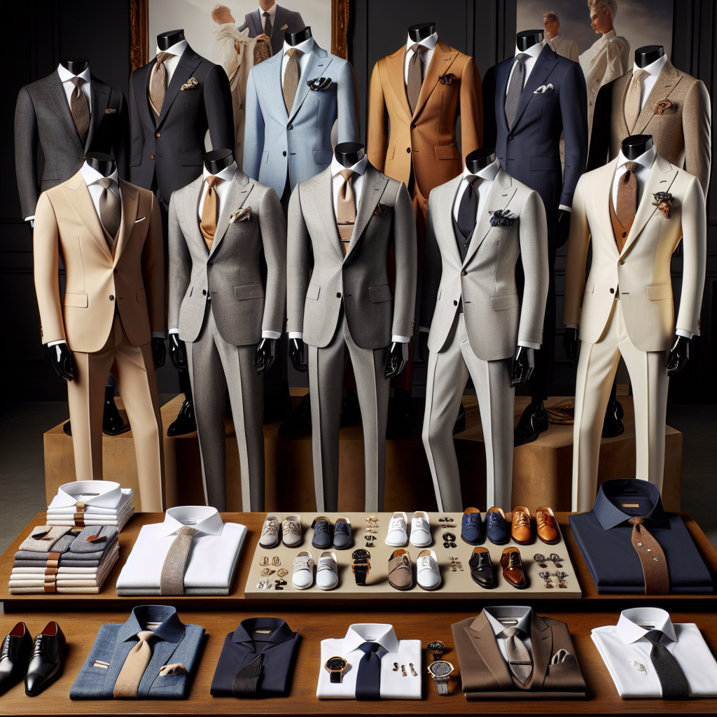 Stunning Outfits for a Brit Milah: Effortless Elegance A variety of elegant attire suitable for a Brit Milah ceremony, displaying a range of styles, materials and colors. The collection includes refined suits, sleek ties, delicate blouses and sharp trousers. Each outfit is complemented by a tasteful selection of accessories, such as cufflinks, elegant watches, silk handkerchiefs, and classy shoes. The clothes are presented on mannequins of diverse descents—Black, Caucasian, Hispanic, and Middle-Eastern—each styled to perfection. The scene is set against a backdrop of an elegantly decorated room, invoking a sense of effortless elegance and celebrating the joyous occasion.
