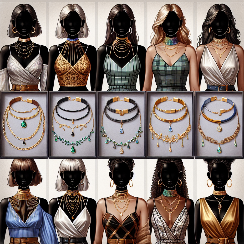 Stunning Necklaces for Halter Tops: Must-Have Looks A range of stunning necklaces arrayed, each designed to complement halter top style clothing. Show equal segments of golden chain links, delicate silver pieces with pendant gems, minimalist black corded chokers, and bi-colored entwined strands. Around the necklaces, feature various halter tops in a mix of colors and patterns, showcasing how these accessories can elevate the look. The people modeling the tops should be equally divided into Caucasian, Hispanic, Black, Middle-Eastern, and South Asian descents, with representation from both genders. Infuse the image with sophisticated, dynamic tones, showing how affordable yet chic fashion gives a distinctive edge.