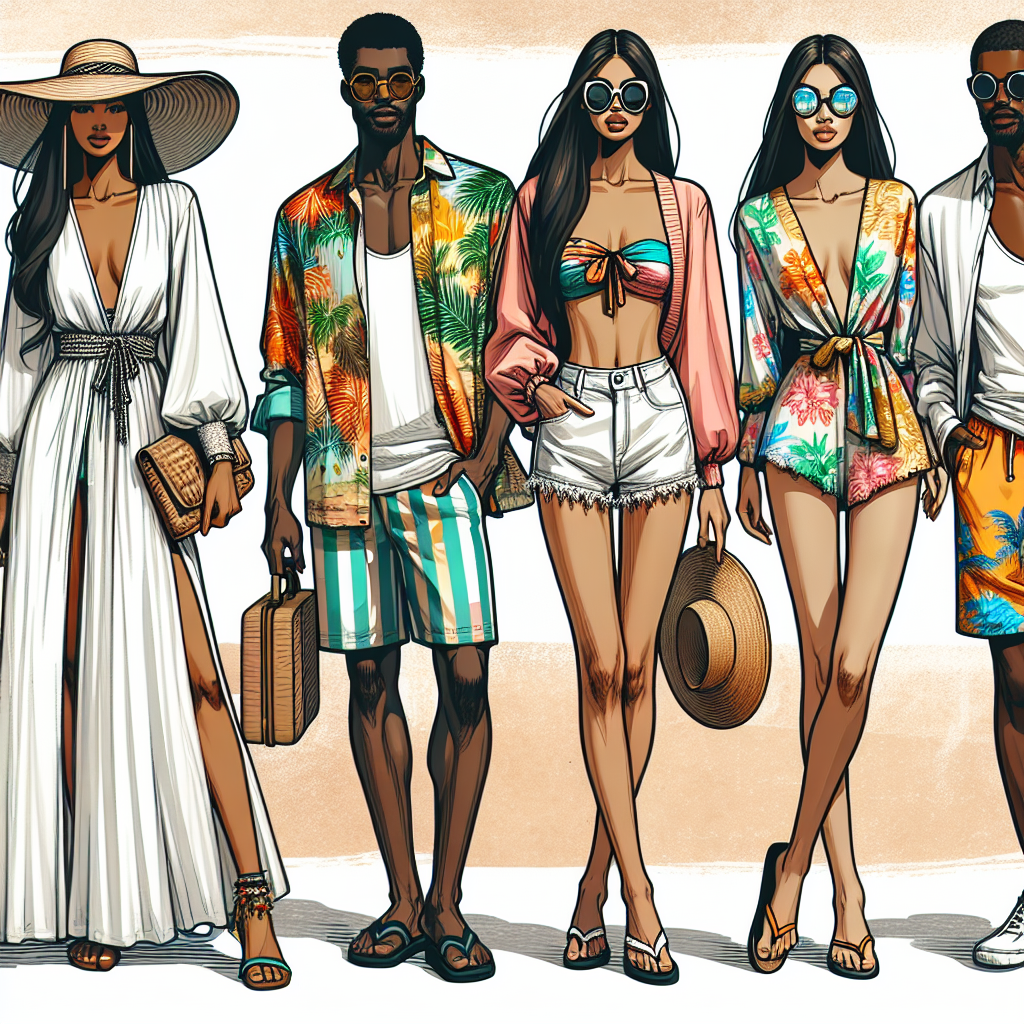 Stunning Beach Resort Outfits for Effortless Style Visualize a variety of fashionable resort outfits suitable for a stunning beach vacation. The first outfit includes a breezy white maxi dress worn by a Middle-Eastern woman paired with chic sun hat and sandal. Next to her, a Black man, donning a multi-colored tropical print shirt, paired with beach shorts and flip flops. Further in the background, an Asian woman is wearing a vibrant sarong over a bathing suit with sunnies on. A couple of Hispanic descent are sporting matching tees and shorts with beach accessories like sunglasses and straw hats. An emphasis on effortless style, comfort, and fit while displaying beachy vibes.