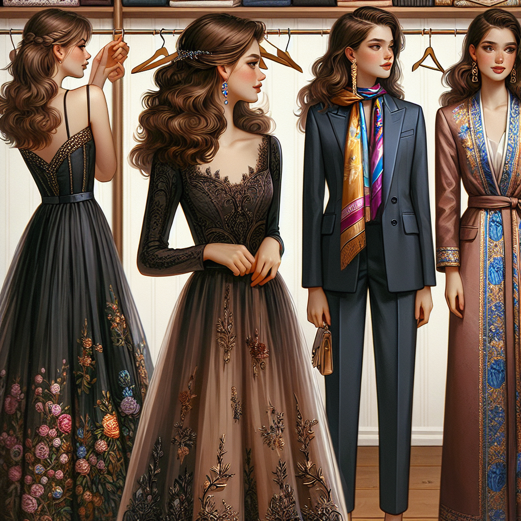Highly detailed image of a wardrobe filled with effortlessly chic bat mitzvah outfits. The wardrobe should include an elegant, knee-length dress with intricate lace details worn by a Caucasian teenage girl with chestnut brown hair styled in loose, flowing curls. Beside her, a Black teenage girl is adjusting a sophisticated, dark tailored suit complete with a brightly colored silk scarf around her neck. Thirdly, a Hispanic teen girl is trying on a boho-chic maxi dress with beautiful embroidery details, her hair styled into a trendy up-do. Lastly, an Asian teen girl should be holding a chic gown adorned with subtle, classy pearls.