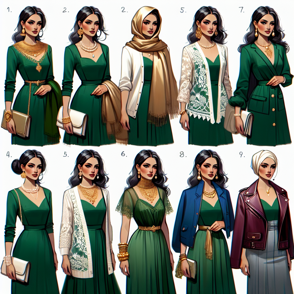 Stunning Outfit Ideas to Complement Her Green Dress Visualize a series of varied outfit ideas designed to augment the appeal of a woman's emerald green dress. The first look could include a South Asian woman layering the outfit with a gold scarf and matching jewelry. The second style might be a Caucasian woman complementing her dress with a white lace cardigan and pearl accessories. The third outfit might feature a Middle-Eastern woman wearing a contrasting royal blue blazer over her green dress. Finally, a Black woman could be shown wearing a burgundy leather jacket with her dress, accessorized with vintage gold earrings.