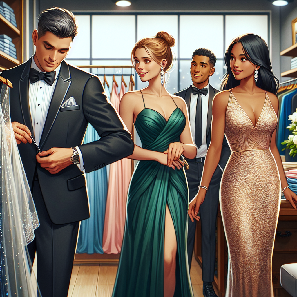 Imagine a boutique filled with glamorous formal wedding guest outfits. To the right you see a middle-aged Caucasian man trying on a black tie tuxedo with a silver pocket square, and in the mirror, he swaps a rose gold cufflink. To the left, a young Hispanic woman looks delighted as she eyes a sophisticated emerald green gown with delicate lace detailing. Meanwhile, a Black woman in her late twenties is admiring a champagne-colored silk dress with a tasteful side slit. In the background, a South Asian male employee helps a customer choose between two stylish bow ties.