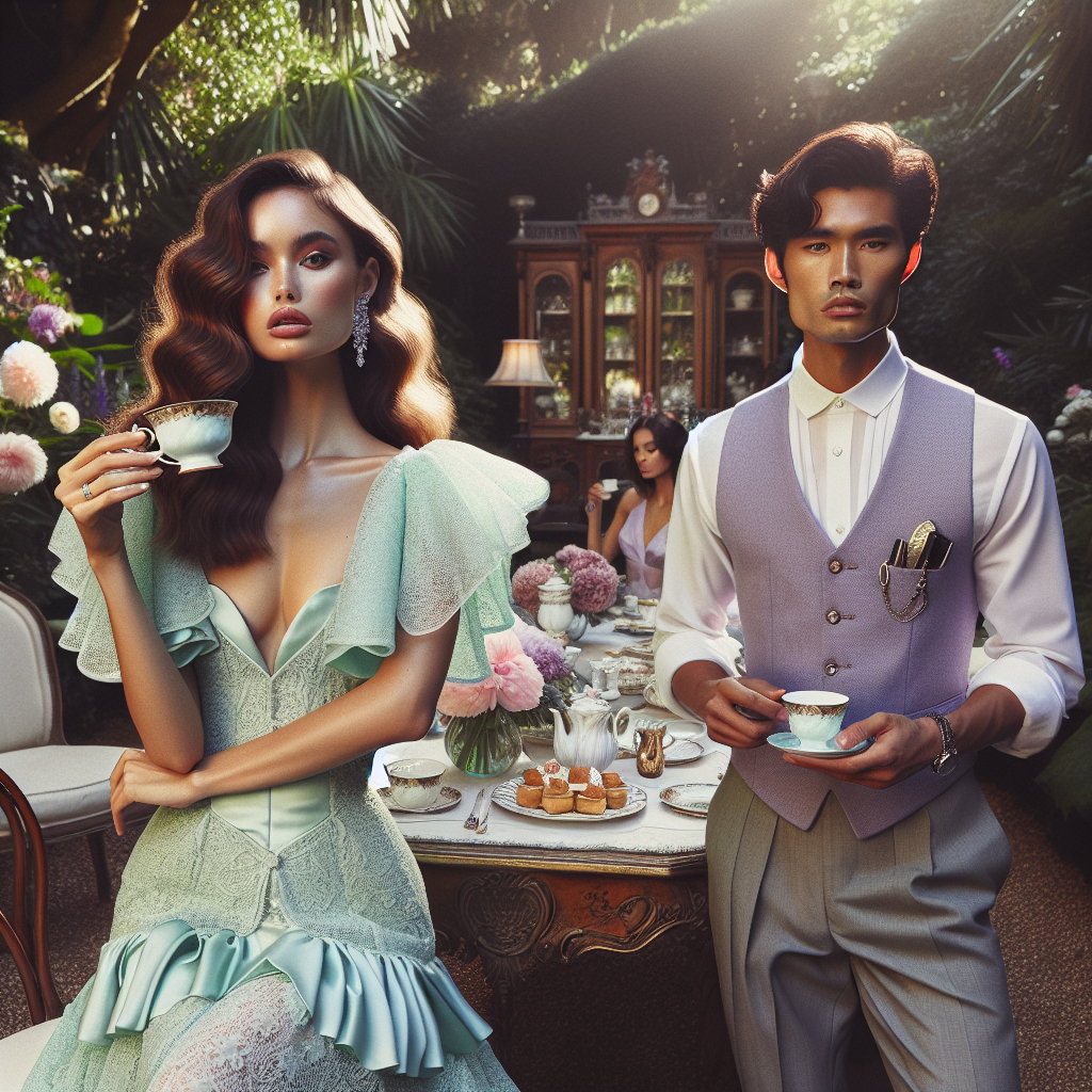Stunning Tea Attire: Dress to Impress Effortlessly A sophisticated tea party setting in a botanical garden. In the foreground, a Hispanic woman with medium-length, wavy hair is exquisitely dressed in a mint green tea dress while elegantly holding her cup. On her right, an Asian male in a lavender waistcoat, crisp white button-down, pocket watch, and neat pants. They're surrounded by a set of antique, ornate furniture, a tea set on the table, delicate pastries, and vibrant flowers. The mid-afternoon sun filters in, casting a warm, ethereal glow. It's the epitome of effortless elegance and radiant charm.