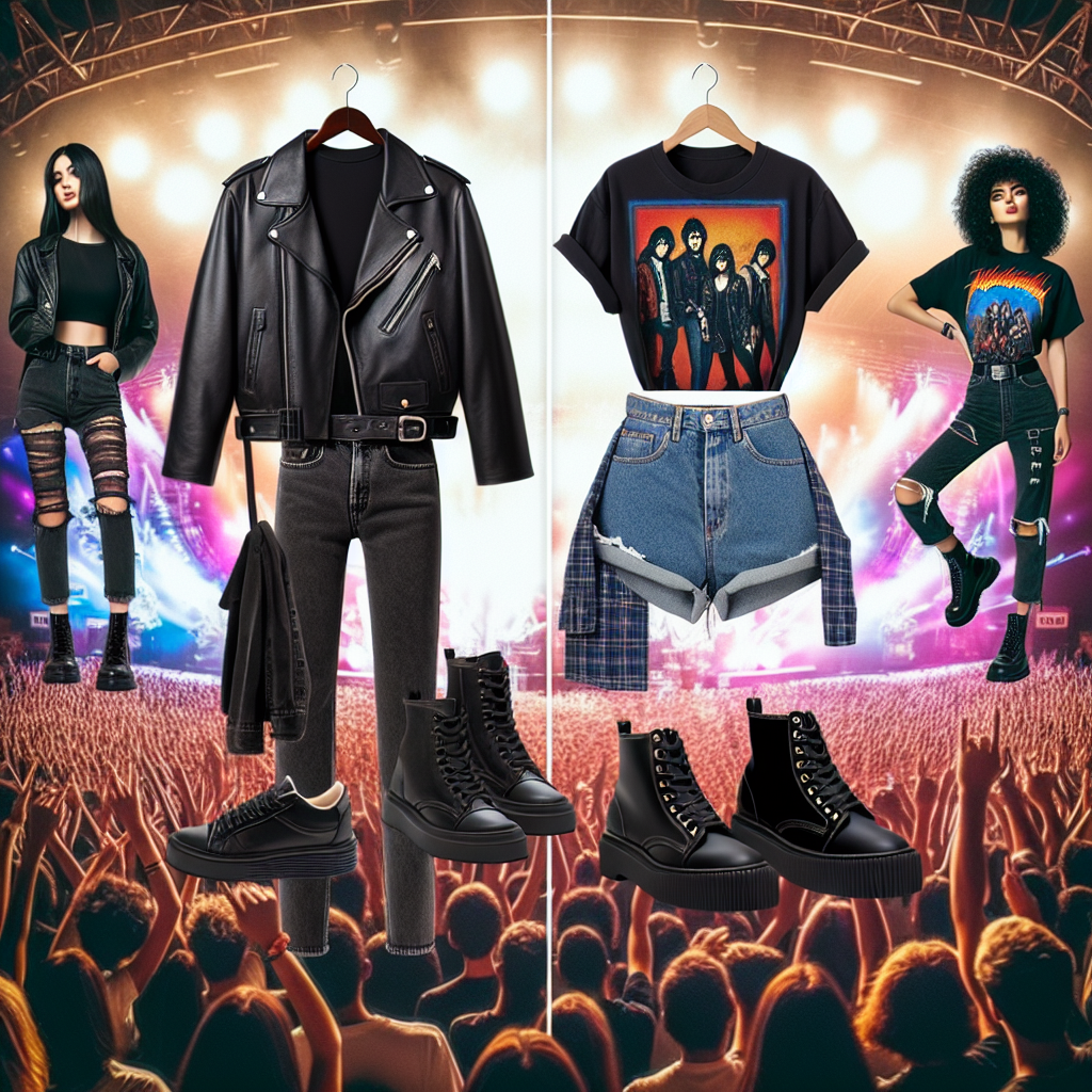 Imagine a collage of different stylish outfits perfect for a rock concert atmosphere. The first outfit consists of a black leather jacket worn by a Hispanic man, faded jeans, and black combat boots. The second outfit is modeled by a South Asian woman in a retro band t-shirt, denim shorts, and chunky sneakers. The third outfit is represented by an Middle Eastern individual wearing a grunge-style flannel shirt, ripped jeans, and lace-up boots. The backdrop could be a lively concert venue swirling with colored lights and an enthusiastic crowd.