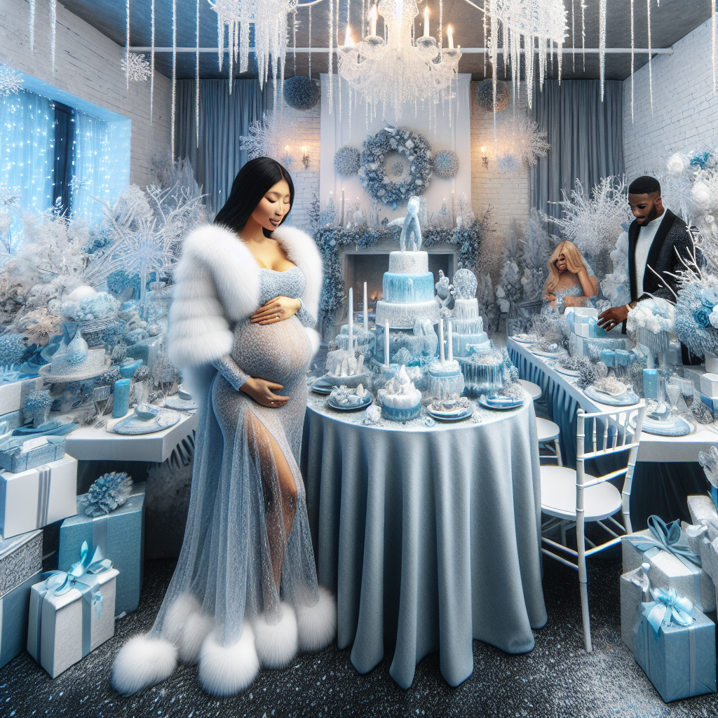 An enchanting winter-themed baby shower celebration scene. The room looks festive with a taste of elegance, draped in shades of icy blues and crisp, clean whites - intermixed with sparkles to mimic falling snow. In the center, a table adorned with winter-themed decorations like snowflakes and ice sculptures. On one side, an Asian pregnant woman, dressed in a sophisticated winter-themed outfit, perhaps a long, ice-blue maternity dress with a faux fur stole. On the other side, a black woman and a white man, both impeccably dressed, appreciating the decorations or presenting gifts wrapped in winter-themed gift-wrapping.