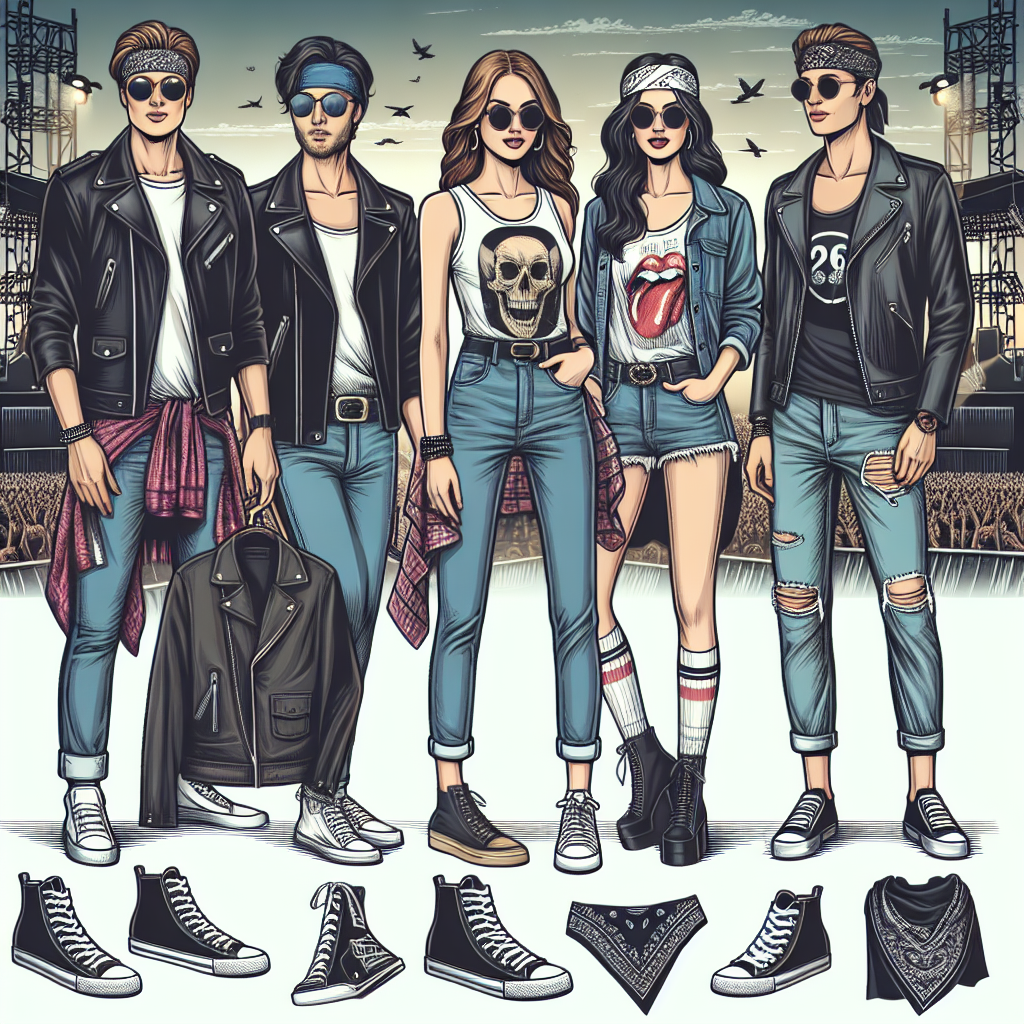 Create an image depicting a fashion suggestion guide for a rock concert. Illustrate a group of people showcasing various trendy and casual outfits suitable for a music event. There should be a variety of comfortable footwear like sneakers and boots, paired with denim jeans, leather jackets, graphic tees, bandanas, and sunglasses. Depict a Caucasian man in a black leather jacket, a Hispanic woman in a graphic tee and jeans, and a South Asian woman in a bandana and sunglasses. The setting is evening with the concert stage in the background.