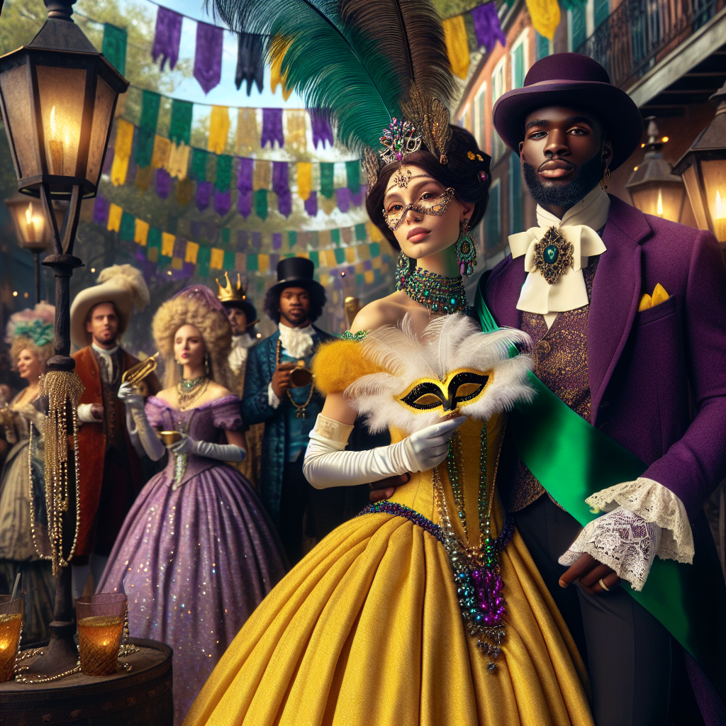 Stunning Outfits for Mardi Gras: Effortless Style! A vibrant 1800s style street scene during Mardi Gras celebrations. A Hispanic woman is wearing a bright yellow ball gown with jeweled accessories and a feathered mask. An African man is dressed in a purple tailored suit, a striking green sash draped around his torso, a matching bowler hat balanced on his head, a white mask in hand. A group of Caucasian bystanders dressed in colorful, glittery attire, complete with beads and headpieces await the parade. Flowing banners, rustic lamps, and the Fleur de Lis emblem displayed prominently reinforce the traditional festivities.
