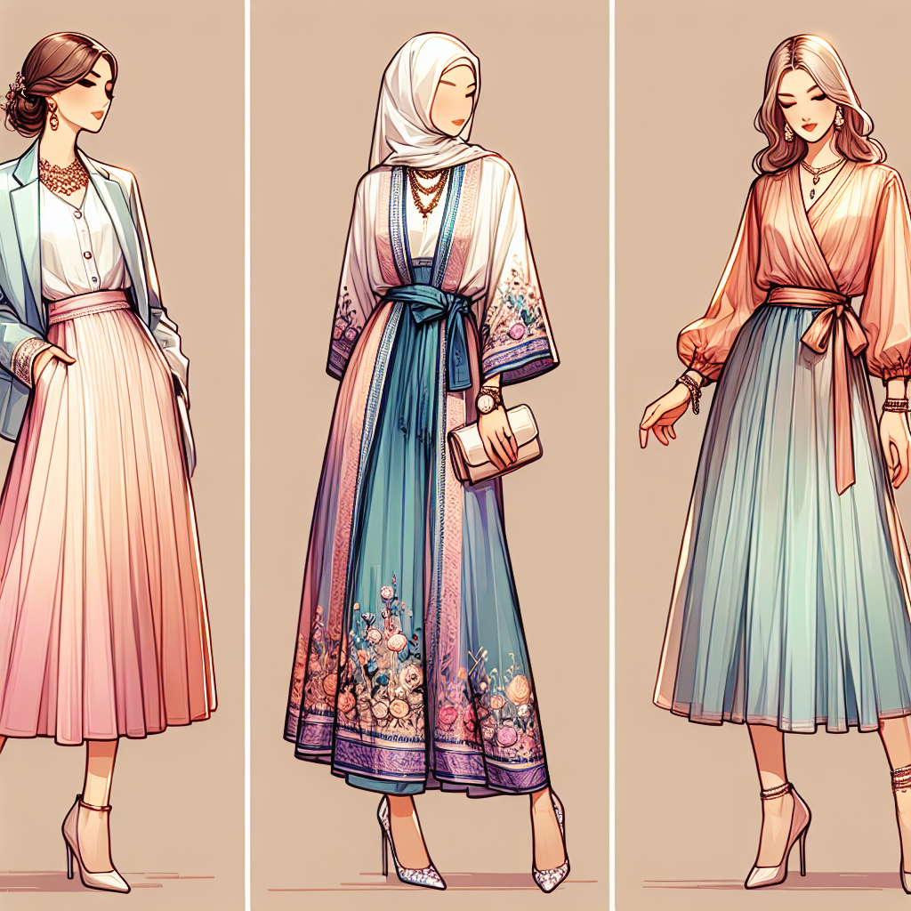 Stunning Outfits for 60+ Women: Best Wedding Styles Create a colorful display of three stylish outfits suitable for women over 60 attending a wedding. The first outfit depicts a classy East Asian woman in a chic jacket and skirt ensemble, highlighting pastel hues and feminine detailing. The second outfit showcases a tastefully dressed Middle Eastern woman in a vibrant kaftan and elegant jewelry. The third outfit shows a fashionable Caucasian woman in a refined, midi-length dress, both elegant and youthful. All outfits should be modern, timeless, and exemplify the grace and elegance associated with women in their 60s.