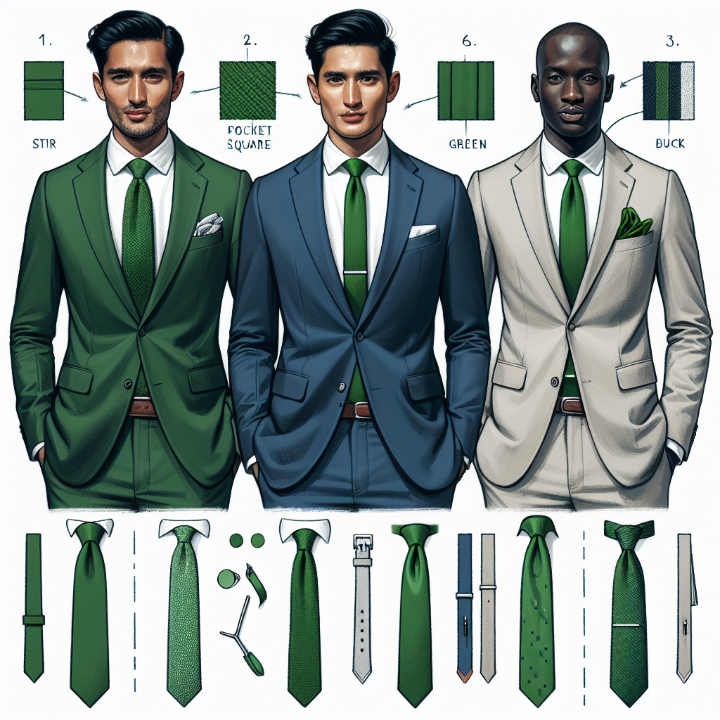 A style guide illustration showcasing three fashionable ensembles to wear with a green tie. First, a dark blue suit worn by a South Asian man, the crisp white shirt highlighting the vibrant green of the tie. Second, a light grey suit donned by a Middle Eastern woman, where the tie adds a pop of color. Third, an African man in a tan suit, looking sharp with the green tie as a complementary accessory. Including details such as matching pocket squares, appropriate cufflinks, footwear, and tie knots.