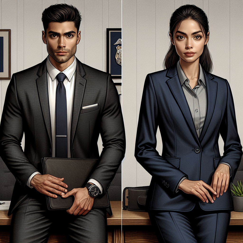 Create a detailed image of a professional setting which represents a job interview in law enforcement. Show a man of Hispanic descent, dressed formally in a charcoal grey suit, crisp white shirt, and a dark, conservative tie. Next to him, a woman of Middle-Eastern descent is wearing a well-tailored navy pant suit matched with a light-colored blouse. Both are demonstrating proper grooming and have confident yet relaxed stances. Include elements such as portfolios held in their hands, a police agency's emblem on the wall and a wooden desk indicative of an interview room.