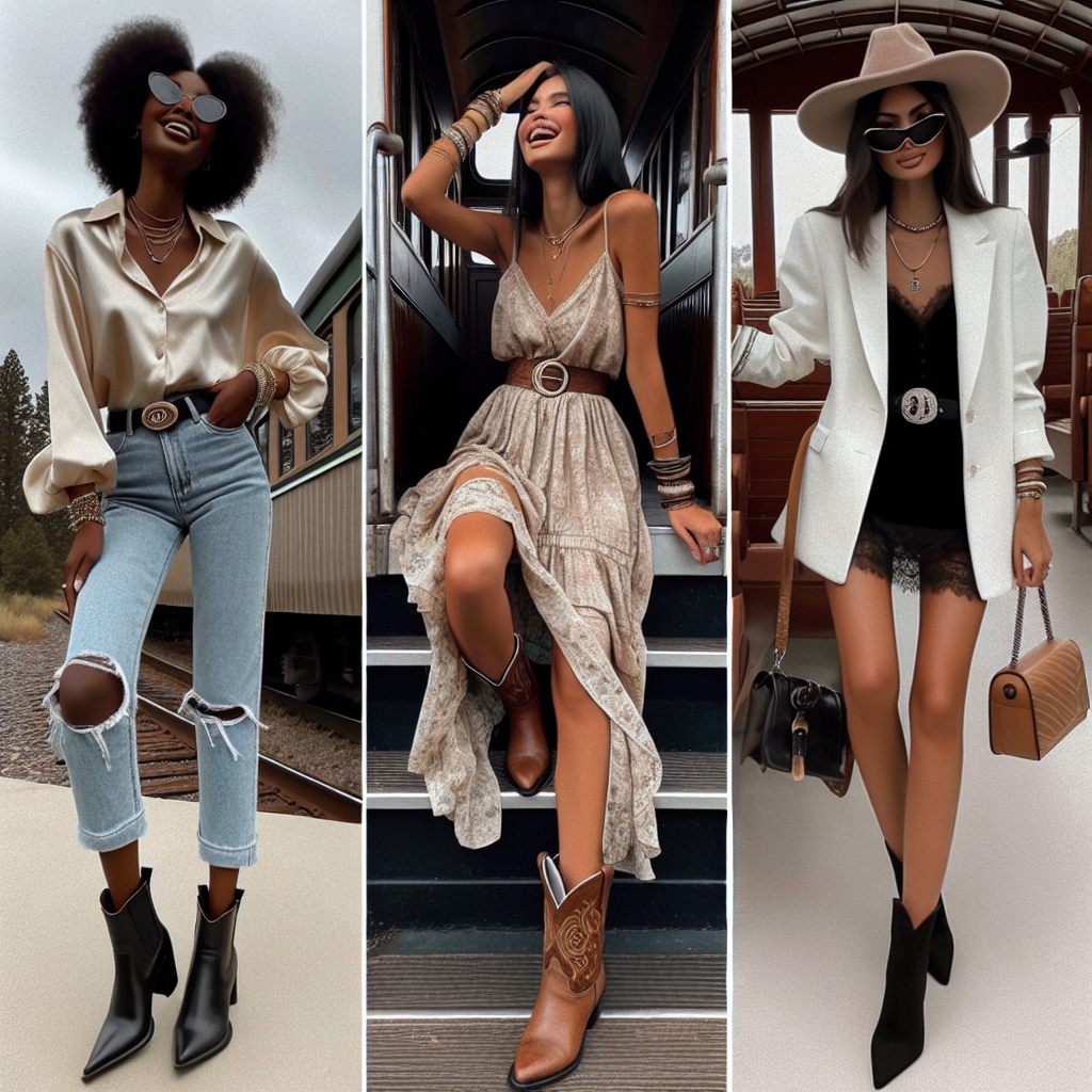 Stunning Outfits for a Train Concert: Effortless Style! A compilation of three different, effortlessly stylish outfit ideas for attending a music concert, specifically set in an outdoor train-style concert venue. One represents a casual flair featuring a satin blouse, ripped jeans, and ankle boots ensemble worn by a Black woman. The second depicts a boho chic look with layered dresses, chunky bracelets, and cowboy boots on a South Asian woman. The third presents a posh, semi-formal style featuring a white blazer, black skinny jeans, and stiletto heels as worn by a Hispanic woman. Each woman is displaying an equally joyful, excited expression in anticipation of the concert.