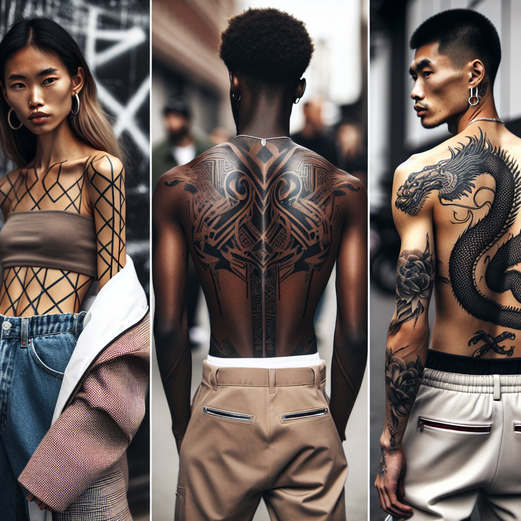 Back Tattoo Attire: Effortless, Must-Wear Styles An image of three individuals of different descent showcasing their back tattoos. The first person, a Middle-Eastern woman, displays her abstract geometric tattoo, while dressed in a casual chic attire. The second, a Black man, reveals his intricate tribal tattoo wearing a cool streetwear ensemble. Lastly, an East Asian man flaunts his expansive dragon tattoo while dressed in a high-fashion, avant-garde outfit. The setting is a hip and modern urban environment. This image vividly represents the intersection of fashion and body art.