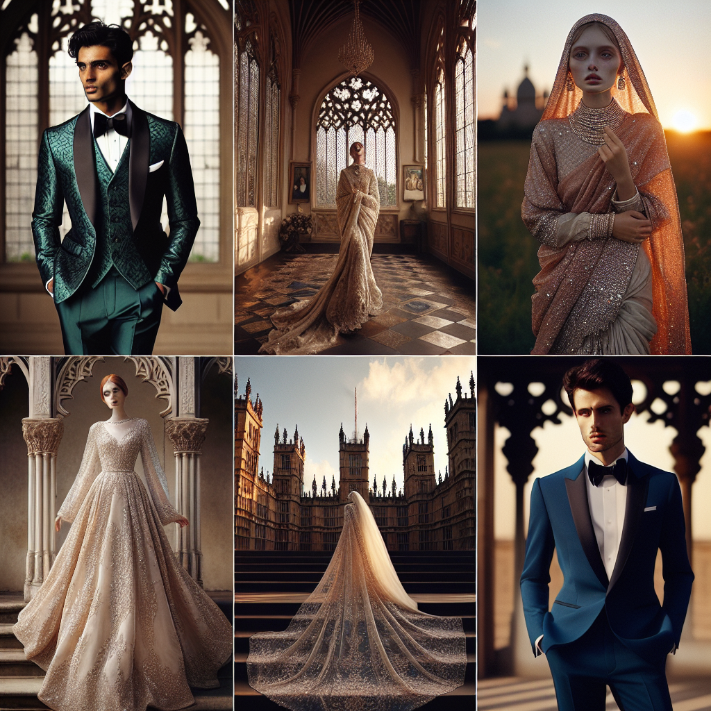 Imagine a fashion editorial spread showcasing a variety of stunning wedding outfits. The first depiction should be an elegantly tailored three-piece suit on on a black man, with rich emerald silk lining. Place him in a romantic garden setting at sunset. Next, visualize a petite South Asian woman in a gracefully draped champagne-coloured sequinned saree, adorned with pearls and standing against a majestic old-world archway. Thirdly, have a white woman posing on a grand staircase, wrapped in an effortlessly chic, floor-length lace dress. Lastly, depict a Middle Eastern man in a sharp royal blue tuxedo, exuding charisma in a sophisticated ballroom with chandeliers.