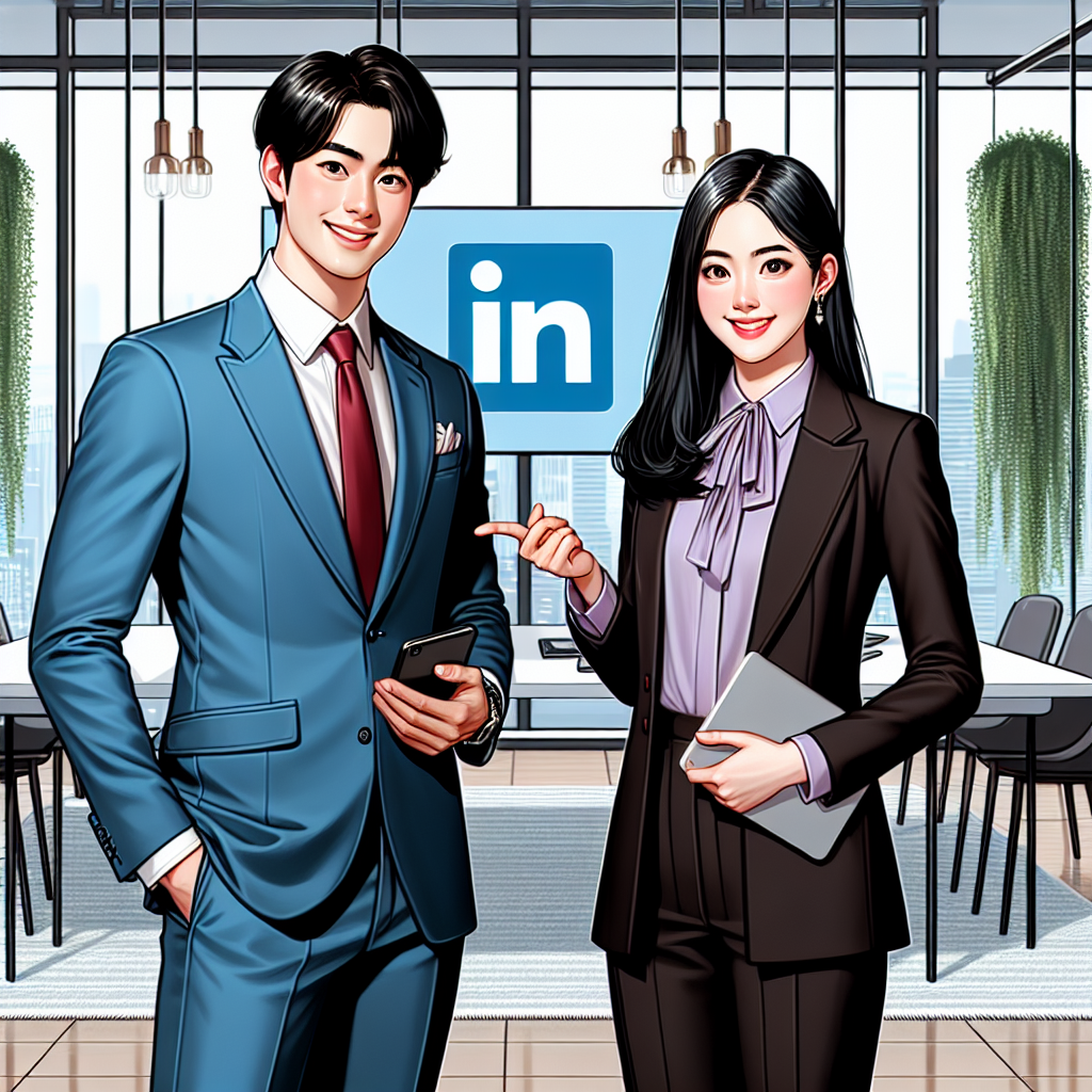 Stunning LinkedIn Outfits: Effortlessly Perfect Illustration of a professional East Asian man and a Middle Eastern woman presenting themselves with confidence in their perfect business outfits. The man is wearing a crisp blue suit, white shirt, and red tie, while the woman is in a sleek black pantsuit with a lavender blouse. Both are in a modern office setting, filled with ambient natural light and plush green indoor plants. They both have a digital device in one hand, conveying the importance of online networking, while their radiant smiles express their career enthusiasm. In the background, a laptop screen is subtly displaying the LinkedIn logo.