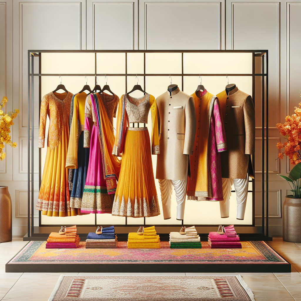 An elegant showcase set up displaying a mix of exquisite haldi outfits. Visualize a rack with different outfits - lush, vibrant sarees for women, and sleek, traditional kurta pyjamas for men. Think of bright colors commonly used in haldi ceremonies like yellow, orange, and pink. Hanging from the rack, the first outfit is for a South Asian woman, the second for a Hispanic man, followed by a Middle-Eastern woman's attire, and finally a Black man's outfit. Each outfit distinctly reflects the tradition and culture of a haldi ceremony in an Indian wedding.
