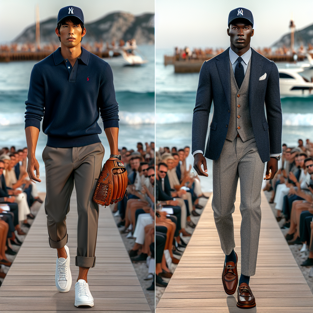 Visualize this scene: A boardwalk near a beach, with the right being a fashion show runway. A South Asian man in a smart-casual outfit - a navy blazer over a light blue polo shirt, khaki pants, and white sneakers - is walking down the runway. On the left, a Black man is wearing a sophisticated ensemble of a crisp white shirt, grey waistcoat, tailored jeans, and leather loafers. Both men wear matching baseball caps and carry custom baseball gloves, blending corporate style with a sports spirit. The crowd in the backdrop is wearing a variety of business-casual attire.