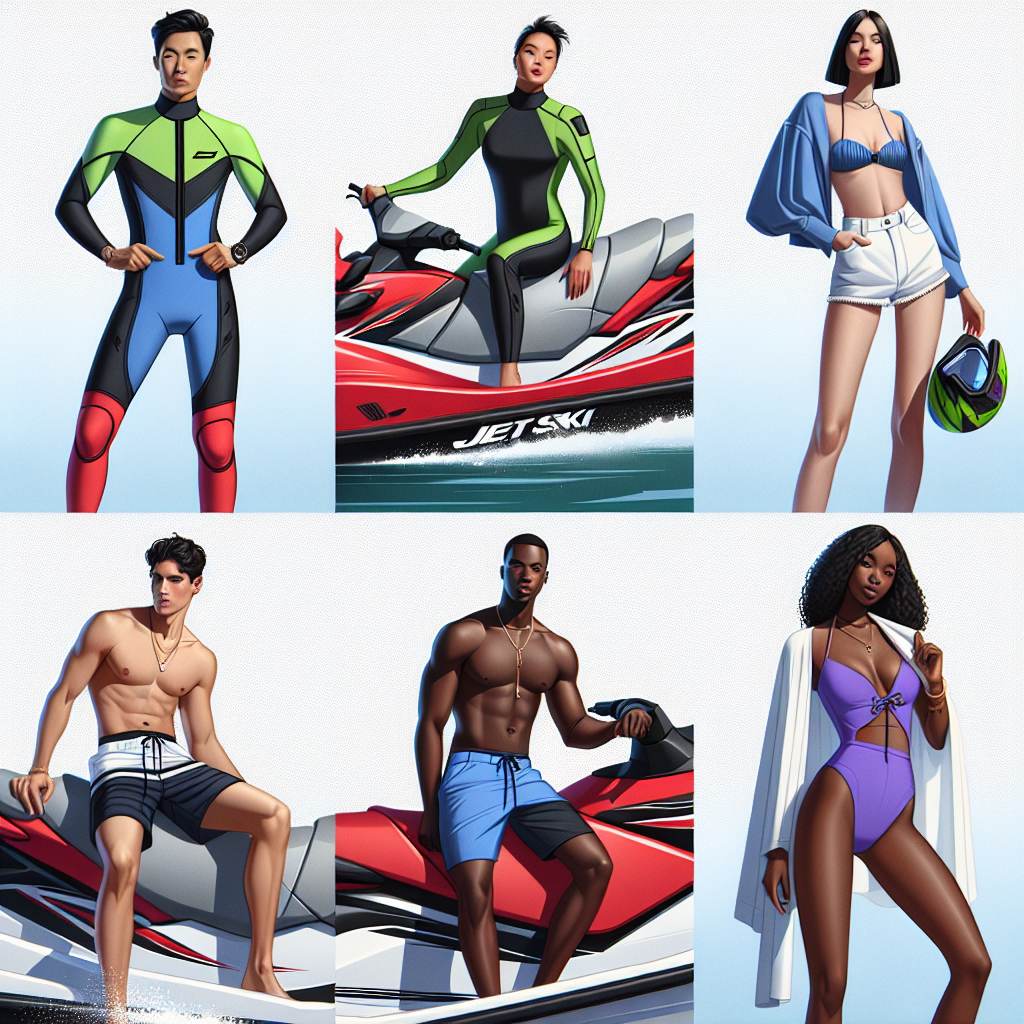 Must-Have Jet Ski Outfits for Effortless Style Visualize a summer fashion spread showcasing must-have jet ski outfits. The scene includes four different people, each striking a pose on their jet skis. Our first model, a South Asian man, is wearing a neon green and black wetsuit. The second model, a Black woman, is sporting a bright blue bikini with a lightweight white cover-up. Our third model, a Middle-Eastern man, is donned in a bold red and black rash guard and board shorts. Lastly, the fourth model, a Caucasian woman, completes the scene, dressed in a purple one-piece swimsuit.