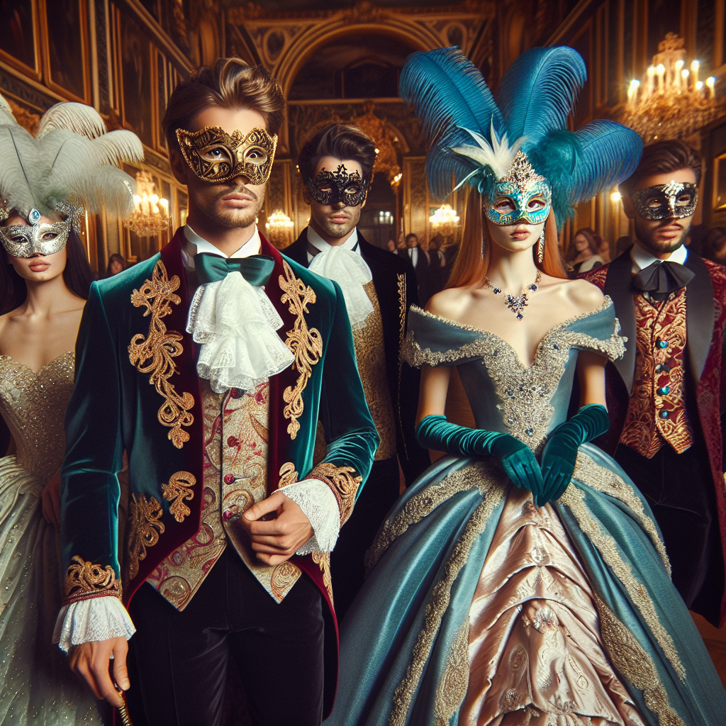A flamboyantly dressed group of people arriving at a grand ballroom for a masquerade ball. The men, one Hispanic and the other Middle-Eastern, are graced in fine velvet tailcoats, adorned with intricate gold embroidery. Their masks are elaborate, featuring elegant feathers and flamboyant designs. The women, one Caucasian and the other South-Asian, are radiant in illustrious ball gowns, one sapphire blue, and the other emerald green. They too, have beautiful masks, featuring delicate lacework and sparkling jewels. The grand hall is ornately decorated, evoking the grandeur and mystery of the occasion.