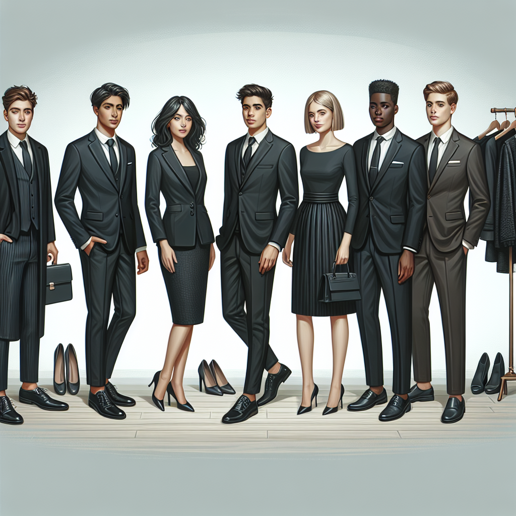 Funeral Attire: Effortless, Respectful Outfit Ideas A tasteful and sophisticated scene that illustrates a range of effortless and respectful funeral attire options. Display an array of men and women of various descents including Caucasian, Hispanic, Black, Middle-Eastern, and South Asian collectively standing, showcasing their outfits. The men could be dressed in dark suits with subtle accessories like tasteful tie bars and loafers, while women could wear respectable knee-length black dresses paired with moderate heels. Dedicate at the back, a rack featuring additional options such as dark wool coats, formal shoes, and appropriate jewelry. Keep the atmosphere somber and respectful.