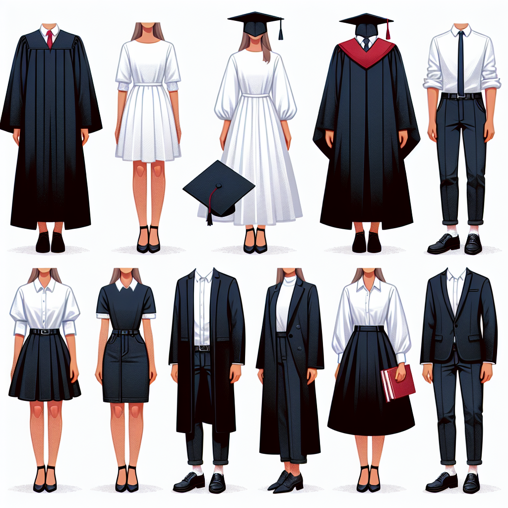 Must-Have Outfits for College Graduation: Look Your Best A collection of stylish and practical attire for a college graduation ceremony. The ensemble includes, for a female identifying person, a navy-blue graduation gown with a matching cap, complemented by a simple white dress featuring an A-line silhouette. For a male identifying individual, a black graduation robe and cap, paired with a crisp white shirt and dark grey trousers are suggested. Being inclusive, a gender-neutral outfit is also presented, a bright red robe and cap paired with a bold, geometric print blouse and tailored black trousers.
