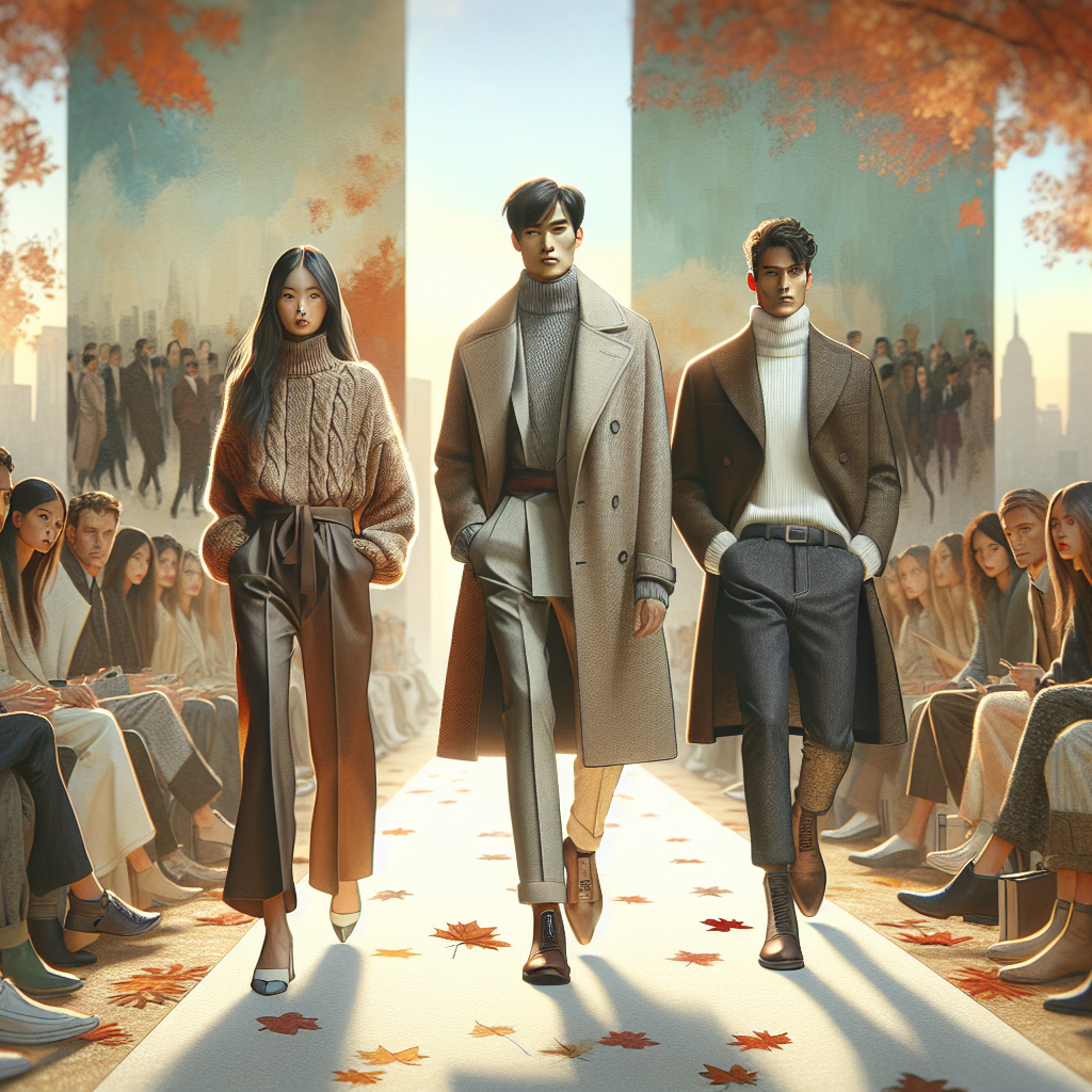 Imagine the scene of a fall fashion runway, where models of various genders and descents are walking down the runway, showcasing outfits appropriate for 50-degree weather. An Asian woman is wearing a chunky knit sweater layered with a sleek trench coat, paired with tailored trousers and loafers. A Middle-Eastern man adorns a stylish wool blazer on top of a crisp white shirt, paired with dark jeans and desert boots. The runway has autumn leaves scattered on it, and the background is a canvas painted with the colors of a setting sun. The audience seated on both sides are in anticipation, creating an atmosphere of excitement and curiosity.