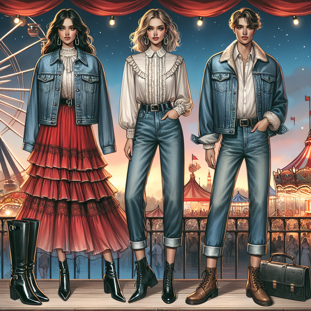 Stunning Outfits for Night Fairs with Jean Jackets Showcase a collection of captivating attire perfect for evening fairs, with the central focus on jean jackets. These outfits should include a pair of glossy black leather boots, a red flowy skirt, a white ruffled blouse for a female of Hispanic descent, and rugged blue denim with rolled-up sleeves, a solid color shirt, and a pair of brown leather shoes for a Caucasian male. Include ferris wheel lights, carnival stalls, and evening sky in the background to create an atmosphere akin to a night fair.