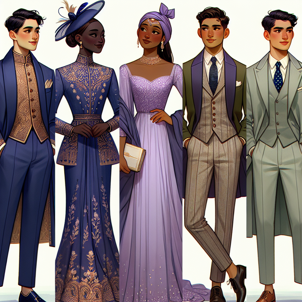 Imagine a diverse spectrum of wedding guest outfits representing all styles. Firstly, visualize a young South Asian man in a sharp, royal blue sherwani boasting beautiful gold embroidery. Secondly, picture a Black woman wearing an elegant, floor-length lavender gown complemented with a fascinator hat. Thirdly, envision a Middle-Eastern woman dressed in an olive green trouser suit, turning heads with its unique cuts and silk fabric. Lastly, observe a Caucasian man in a classic light gray suit, spicing up tradition with a playful polka dot tie. Each outfit reflecting the personalities and cultural backgrounds of the wearers in a beautiful celebration of diversity and style.