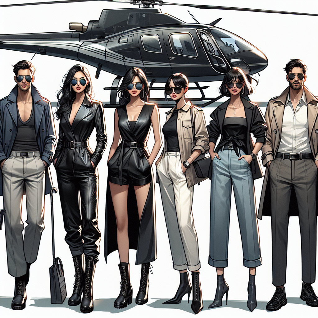 Helicopter Ride Outfits: Stunning Choices for Every Style Imagine various types of stylish outfits fit for a helicopter ride. The first outfit consists of a sleek, modern jumpsuit worn by a South Asian woman, accessorized with a pair of aviator sunglasses. The second outfit is a casual chic ensemble worn by a Hispanic man, combining a leather jacket with jeans. The third outfit presents a sophisticated yet bold look worn by a Black woman, featuring a wind-resistant trench coat with knee-high boots. Lastly, a Middle-Eastern man sporting a classic outfit with a crisp shirt and tailored trousers. All of them standing next to a luxurious helicopter.