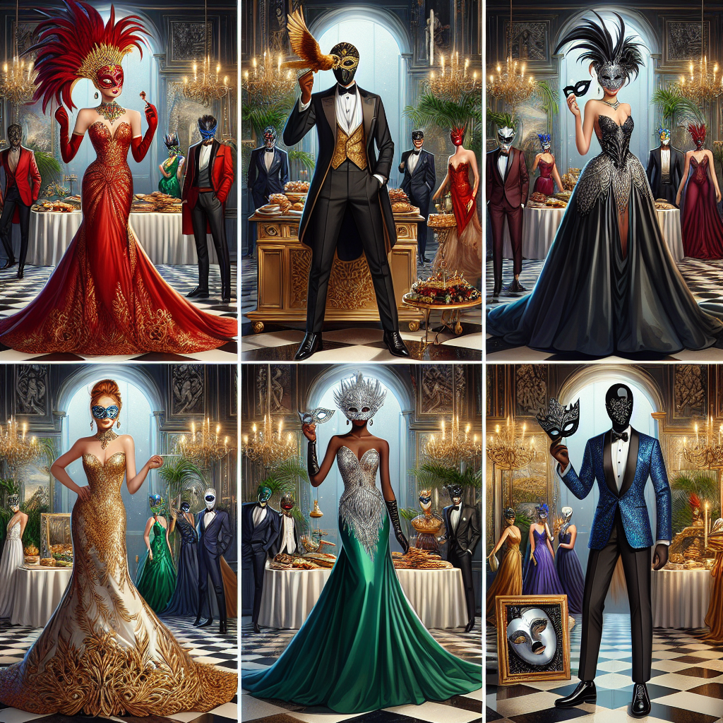 An elaborate fashion show showcasing the best outfits for a Masquerade Ball. There are a variety of stunning attire on display: an elegant red gown with a feathered golden mask for a South Asian woman, a dazzling black tuxedo complete with a silver, enigmatic mask for a Middle Eastern man. On another stage, an African American woman exhibits an emerald green dress paired with a white, floral mask, while a white man in a sapphire blue suit holds up a black, Venetian mask. The scene is set in an opulent ballroom with grand chandeliers, mirrored walls, and a sumptuous feast laid on ornate tables.
