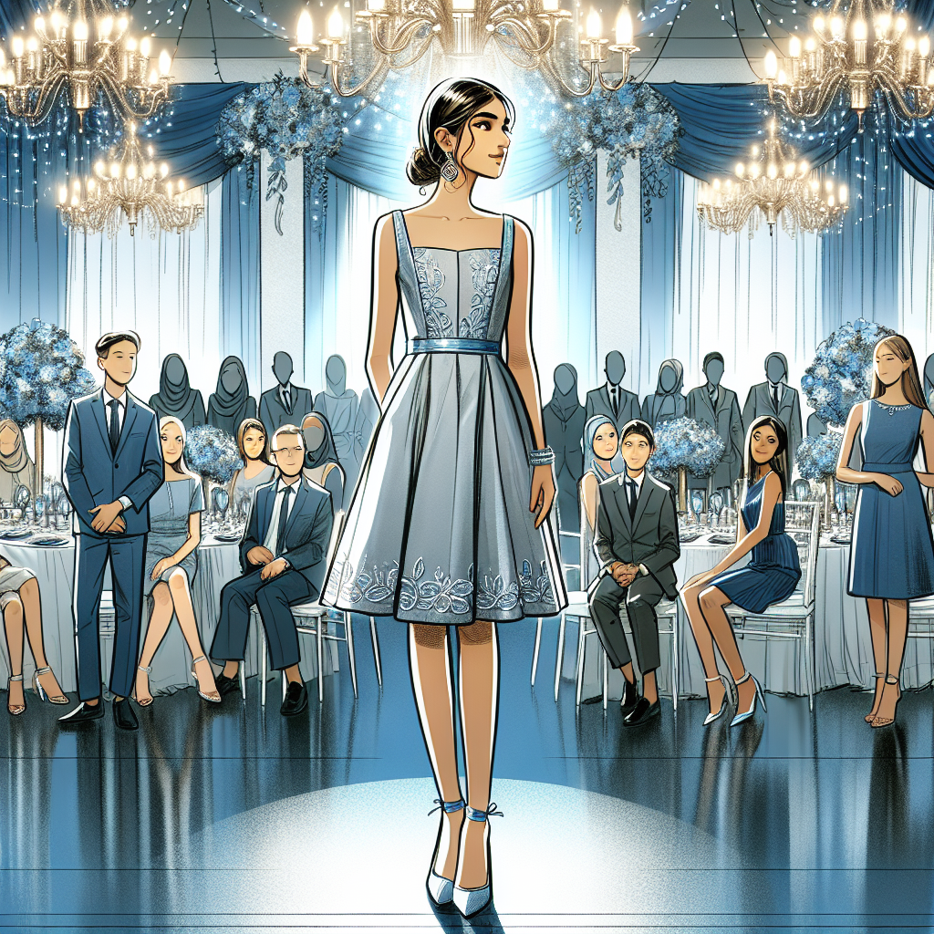 Stunning Bat Mitzvah Outfits: Dress to Impress Illustrate a fashionable scene of Bat Mitzvah. Visualize a tastefully adorned function space with blue and silver theme, portraying an overall joyful atmosphere. On the center stage, spotlight a young South Asian girl elegantly dressed in a subtle, classy attire, with hints of silver to match the theme. She could be seen wearing a knee-length, silk dress with detailed embroidery work. Include few members of the audience in the image with varied descents and genders, all dressed in their formal best to celebrate the important event.
