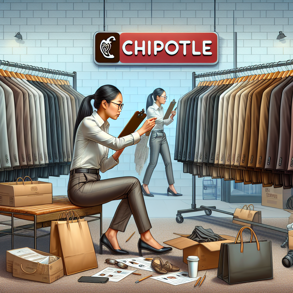Dress to Impress: Ace Your Chipotle Interview A visually dynamic scenario depicting an interview preparation. In the center, an Asian woman meticulously picking a business casual attire from a rack full of clothes, with varying subtle hues of grays and browns. She is focused, reflecting the importance of the moment. In the background, Chipotle's signboard is subtly highlighted, hinting at her destination. Strewn about the room are previous outfit attempts, signaling her meticulous process. Include elements denoting interview preparation like a prepared resume, a coffee cup and perhaps a mirror showcasing a reflection of her practicing her interview responses.