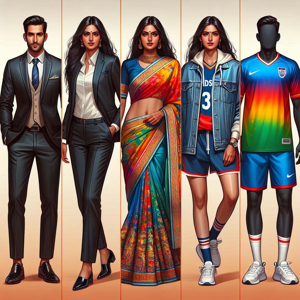 Must-Have Outfits for Stunning Team Photos Visualize a series of four different outfits suitable for creating memorable and stunning team photos. One outfit involves a sleek, black business suit on a Middle-Eastern man, complete with tie and polished shoes. The second outfit involves a vibrant, traditional saree on a South Asian woman, displaying a rich palette of colours. The third outfit is a casual denim attire on a Caucasian woman, comprising of a comfortable denim jacket and jeans paired with white sneakers. And the fourth outfit is sportswear on a Black man, showcasing a bright, dynamic jersey with matching shorts and shoes.