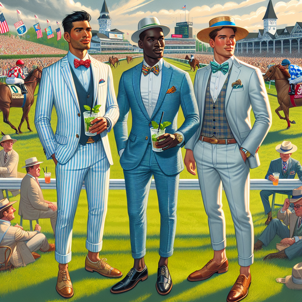 An interactive guide showcasing must-have fashion trends for men attending the Kentucky Derby. The scene includes a sunny outdoor racetrack environment adorned with banners, race horses, and cheering crowds. Foreground scene should focus on a group of three men, all of varying descents: one Hispanic, one Black, and one Middle-Eastern man. The men are all stylishly dressed in signature Derby attire - seersucker suits, brightly colored bow ties, elegant brogues, and iconic wide-brimmed Derby hats. Each with a mint julep in hand, they exude a confident, classy air perfect for the esteemed event.