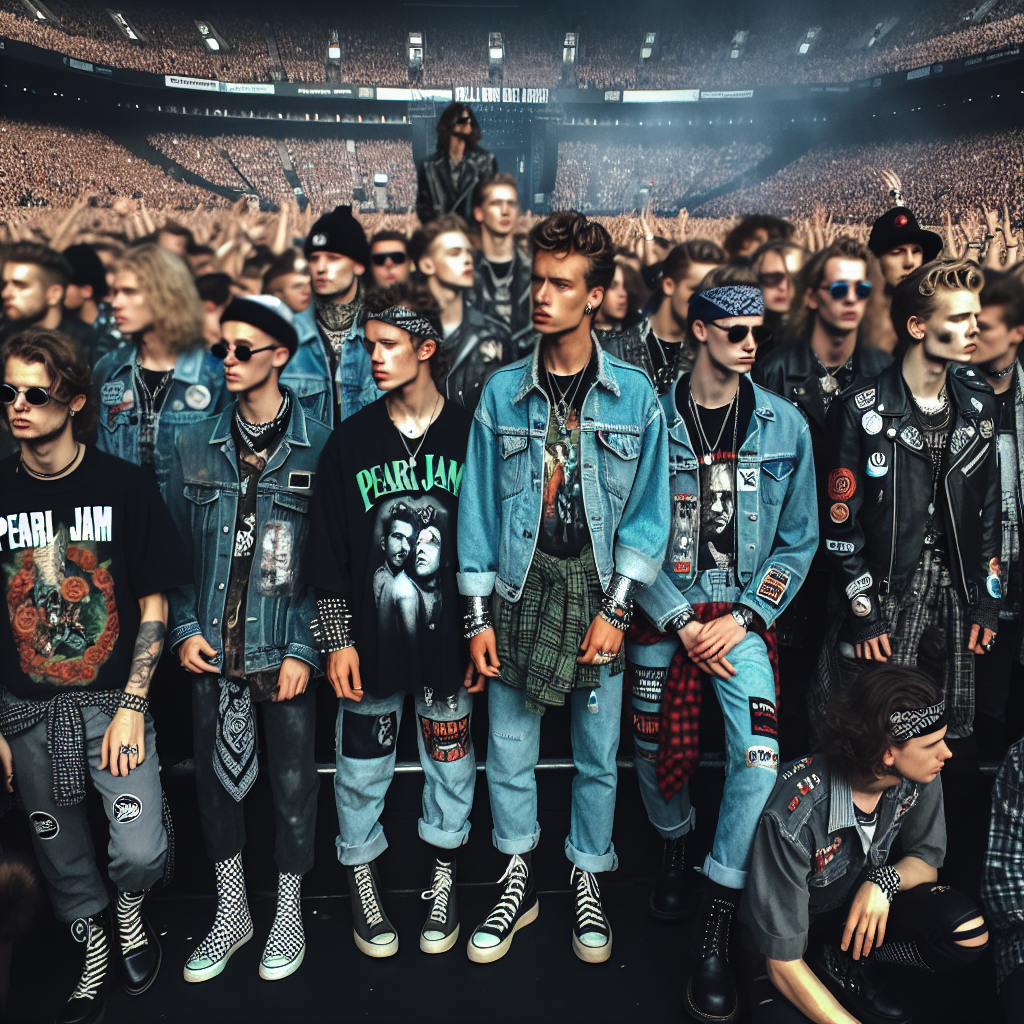 Picture an exciting concert in full swing. The atmosphere is tingling with energy. People in the audience are dressed in unique, stylish outfits that exude a cool rock n' roll vibe. They are an eclectic mix of denim jackets, band tees, and leather pants. An array of accessories complete each ensemble, with silver jewelry, bandanas, and biker boots largely in style. The outfits are predominantly in shades of black and grey with occasional pops of color created by vibrant graphic prints on the tees. Some outfits are inspired by the grunge fashion of the '90s, paying a fitting tribute to the era when iconic bands like Pearl Jam reigned supreme.