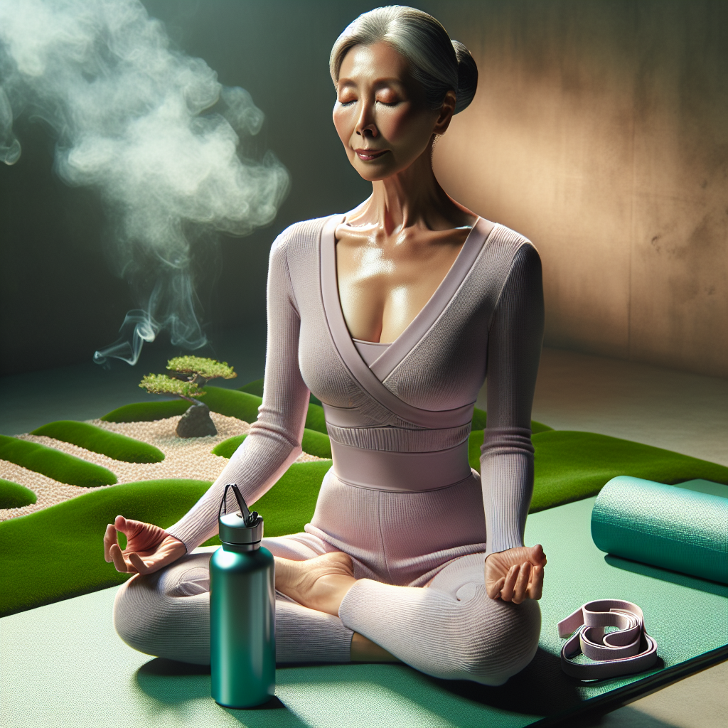Stunning Yoga Gear: Effortless Style & Comfort An elegant middle-aged Asian woman in serene meditation posture, clothed in a soft lilac yoga outfit, on a lush green yoga mat. Covered in light sweat, she exudes discipline and grace. A glossy, teal-colored water bottle and a rolled-up yoga strap lie nearby. The background is filled with a harmony of calmness: Illuminated incense smoke, a Zen garden with miniature raked sand patterns, and a few green plants. This image embodies both stylish functionality and comfort that exist in yoga gear, while projecting a sense of tranquility and serenity.