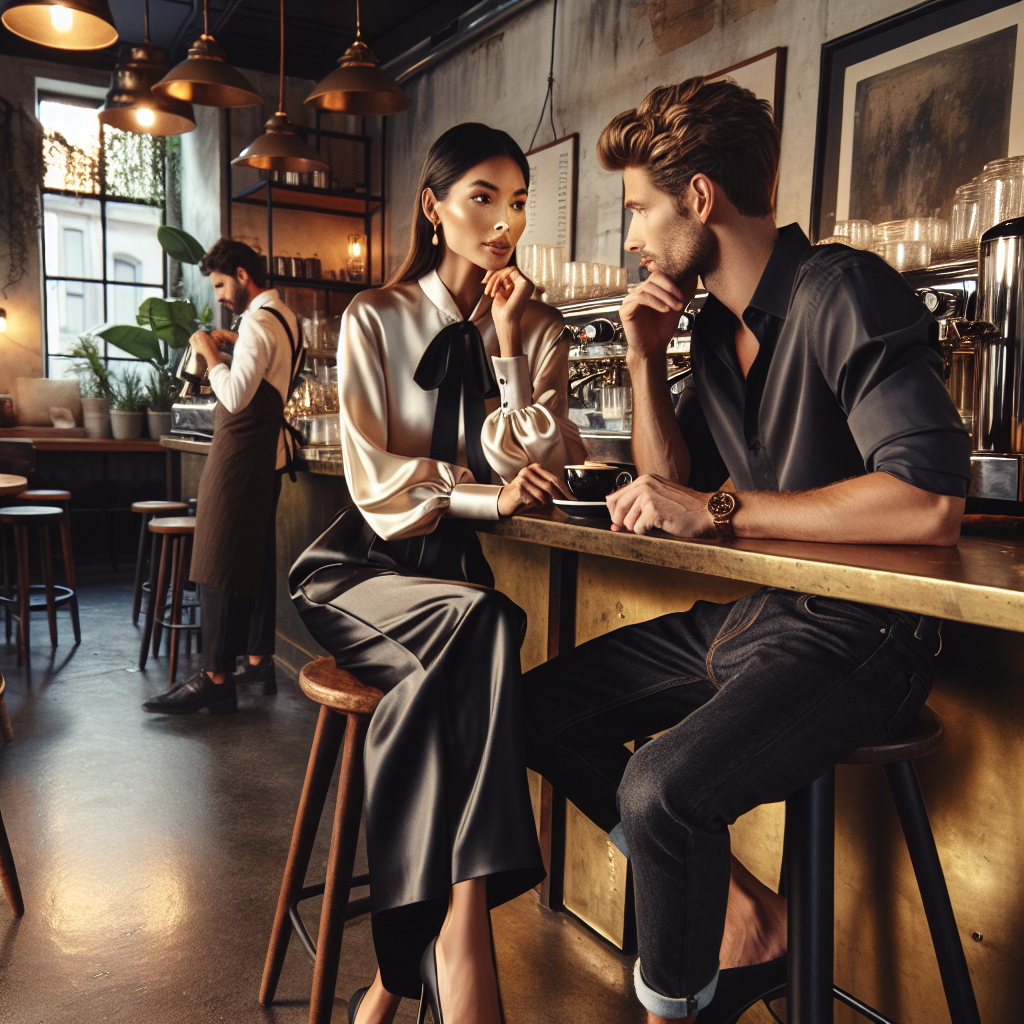 Stunning Styles for Coffee Shop Interviews: Effortless Chic A fashion-forward and cozy coffee shop scene. A woman of South Asian descent, elegantly clad in an effortlessly chic attire consisting of a silky blouse, high-waist black trousers, and minimalist accessories. She’s sitting at a rustic wooden table, engrossed in an intense conversation with a Caucasian man wearing a smart-casual outfit, entailing a neatly ironed shirt and dark denim jeans. Warm lighting illuminates the space, highlighting the brass details and polished concrete floor. Behind them, a barista of Hispanic descent brews a steaming pot of coffee. The shop is decorated with hanging plants, vintage wall-art, and a chalkboard menu.