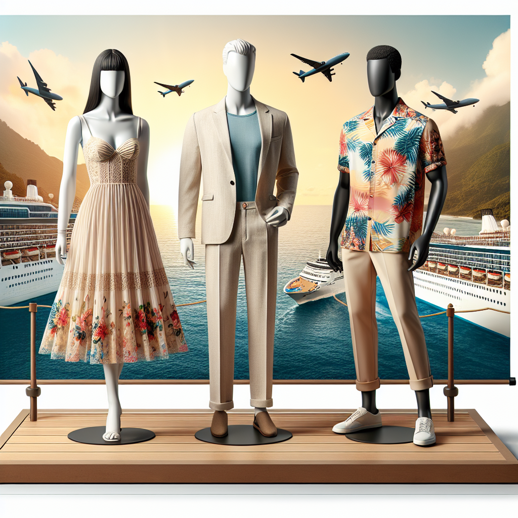 Stunning Cruise Outfits: Discover Your Perfect Look! Visualize an array of fascinating cruise outfits on a display mannequin. Let's start with a sundress with floral prints for a Caucasian woman on the left. In the middle, depict a light-beige linen suit on a South Asian man. On the right, a breezy, colorful Hawaiian shirt paired with chinos for a Black man. Enhancing the scene, include some cruise ship elements in the background, such as a ship deck or a sunset over the ocean, to tie them together with the cruising theme.